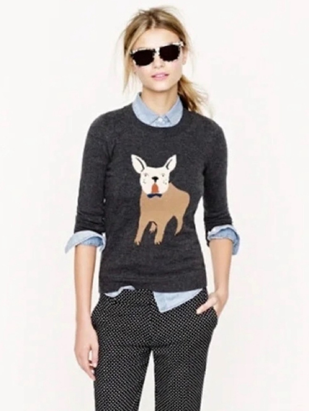 J.Crew Frenchie French Bulldog Intarsia Gray Sweater Small